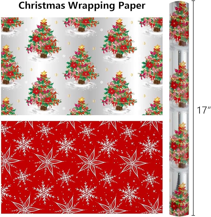 MAYPLUSS Christmas Wrapping Paper Roll - 17IN X 33FT - Silver Gift Wrapping Paper Featuring Christmas Tree Bow Reversible Snowflake for Kids, Holiday, New Year