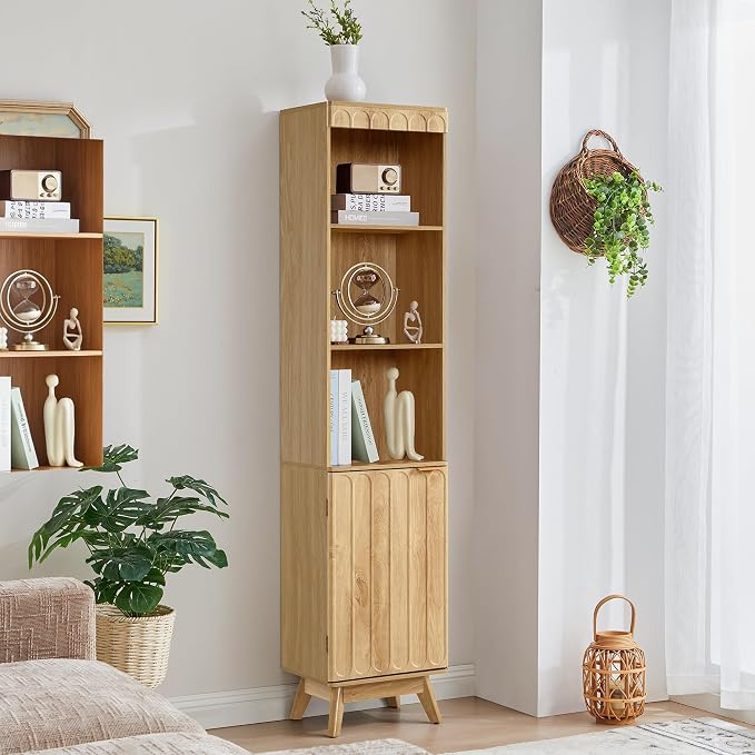 Tall Narrow Bookshelf with Door, Mid Century Modern Bookcase, 71" Slim Storage Cabinet with Adjustable Shelves, Modern Open Display Storage Organizer for Living Room Bathroom Office, Natural