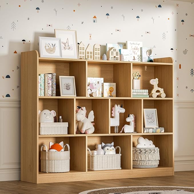 Oak Bookshelf, Wood Bookcase with 3 Tier Open Shelves, 10-Cube Minimalist Storage Shelf for Living Room, Bedroom, 55.1" W x 42.5" H
