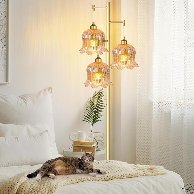 QIYIZM Glass Floor Lamp for Living Room,Bedroom,Mid Century Modern Standing Lamp Brass Tree 3 Light Tall Floor Lamps Vintage Floor Lights Gold Tulip Flower Lamp Shade Farmhouse Boho Bohemian