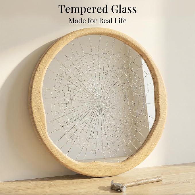 Natural Wood Round Mirror 24 Inch, Solid Wood Framed Wall Mirror with Irregular Wavy Inner Edge for Bathroom Vanity, Bedroom & Boho Decor