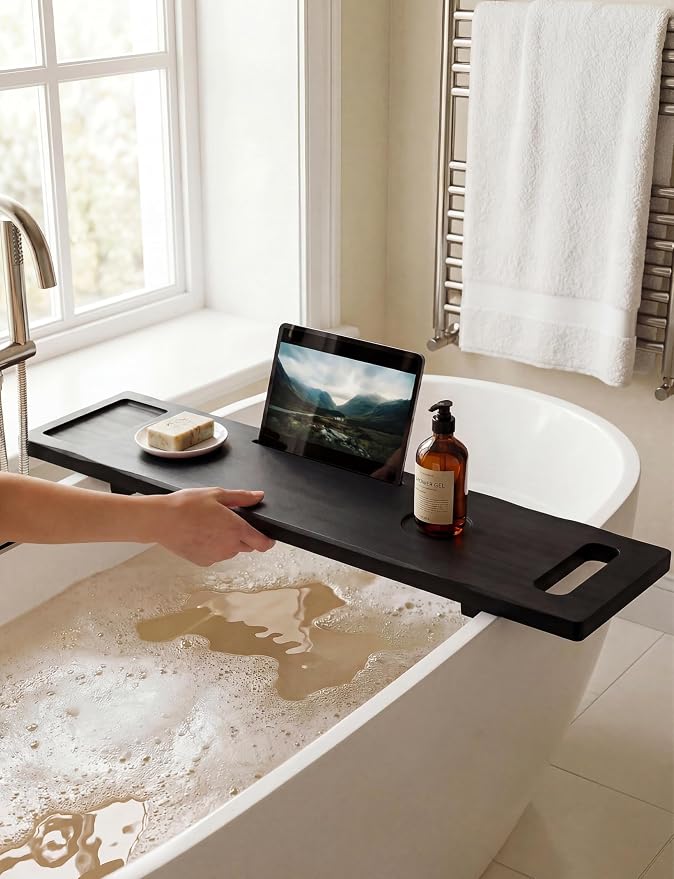 Tinamo Acacia Bathtub Caddy Tray Table | 39x9.8 Inch Large Bath Tub Wooden | Anti-Tipping, Sustainable Tub Tray for Bath tub | Bath-tub Accessories Holders for Bath-tub (Black Color)
