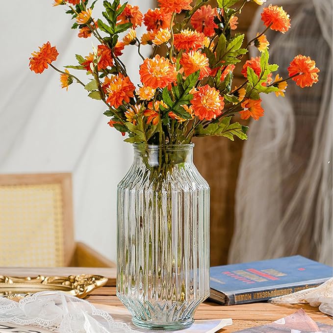 Flower Vase,Glass Vase,9.2 inch,Vintage Clear Ribbed Glass Vase for Home Decor,Bookshelf,Dinner Table,Indoor Office Desktop,Meeting Room,Home Christmas Day Decoration