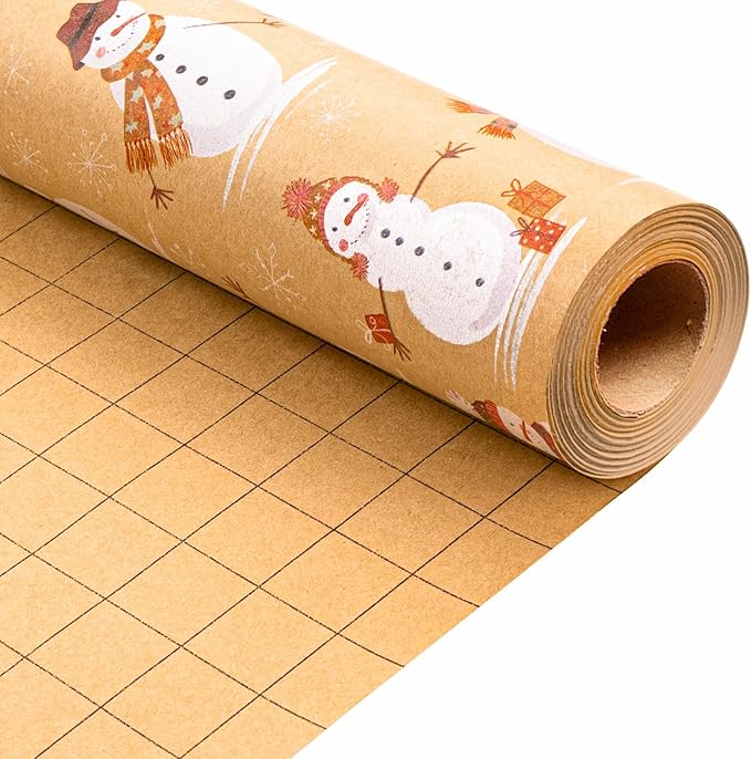 MAYPLUSS Christmas Wrapping Paper Roll - 17IN X 33FT - Kraft Gift Wrapping Paper Featuring Cute Scarf Snowman Snowflake Reversible Cut Lines for Kids, Holiday, New Year