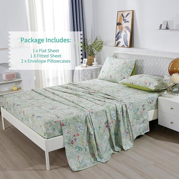 RYNGHIPY Shabby Flowers Print Bed Sheet Collections Egyptian Cotton Garden Floral Sheets (Green Floral,Full Size)