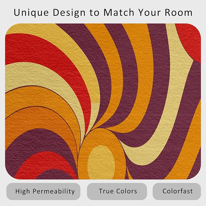 70s Retro Rug 5x7 Swirl Psychedelic Groovy Hippie Pop Pattern Area Rugs for Living Room, Bedroom, 70s Retro Home Decor Accessories Indoor Carpet, Non Slip & Machine Washable, GD0316