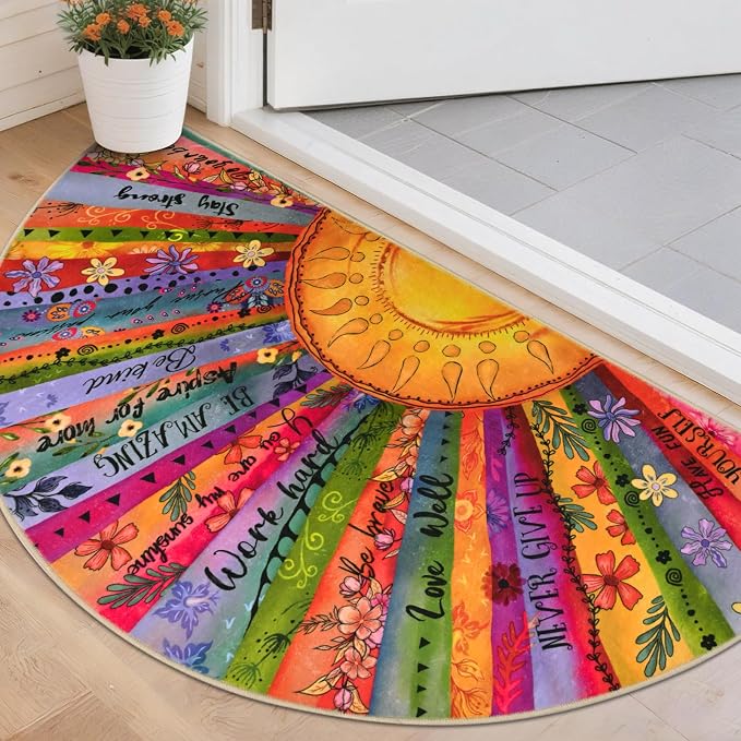 Likiyol Sun Entryway Rug 2x4 Small Rug, Half Circle Door Mat Indoor Entrance Inspirational Non Slip Rugs for Entryway, Soft Washable Faux Wool Small Throw Rugs for Entry, Kitchen, Fireplace, Low-Pile