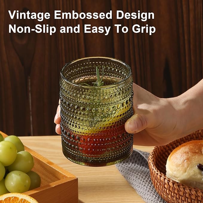 ZMOWIPDL Vintage Hobnail Drinking Glasses Set of 8,Green 12 oz & 15oz Highball Glass Cups, Kitchen Drinkware Glassware,Embossed Water Tumbler,for Beer,Cocktail,Whiskey,Juice and Various Mixed Drinks