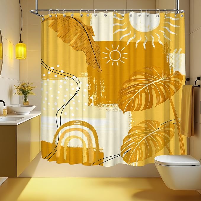 Extra Long Shower Curtain XL Mustard Yellow Leaf, 108 x 72 Inchs | for Extra Tall 108 Inchs Shower, Boho Botanical Pattern Design, Large Bathroom Decor Sets Waterproof Cloth Fabric, with Hooks