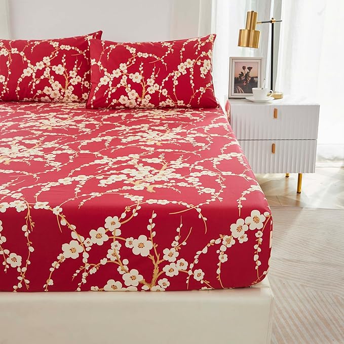 Brandream Sheets Set Twin Size Japanese Oriental Style Cherry Red Floral Blossom Branches Print Chinoiserie Bedsheets Pillowcases Set 100% Egyptian Cotton Sateen Botanical Tree Deep Pocket, 4 Pieces
