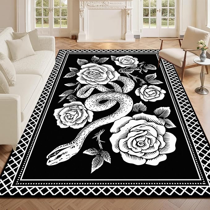 5'x7' Gothic Snake and Rose Area Rug Black and White Floral Vine Floor Mat Retro Boho Carpet Washable Low Pile Indoor Rugs for Entryway Bedroom Living Room Kitchen Home Decor
