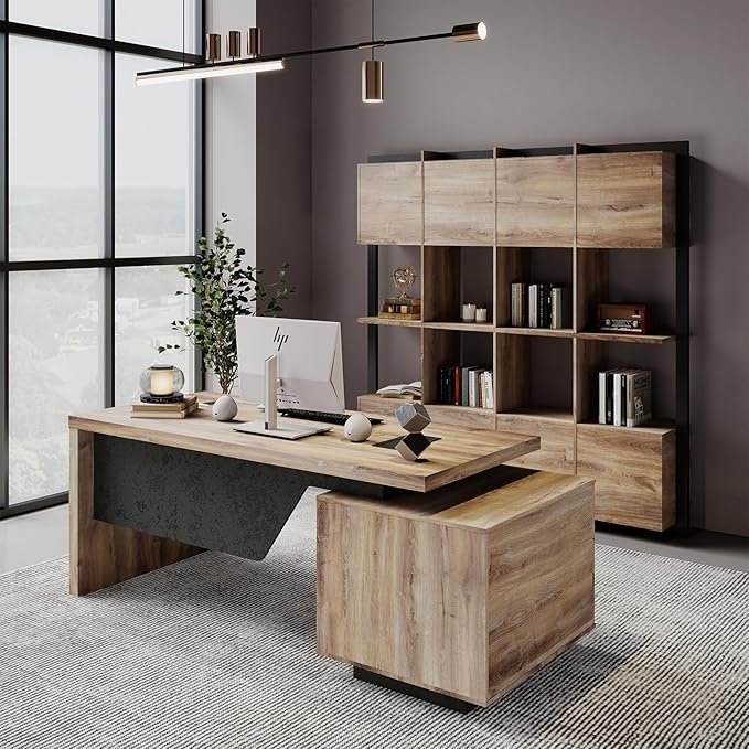 Modern Executive Desk, Rectangle Office Desk with Storage Cabinet, Width Adjustable Standing Desks, Stand Under Table Storage Organizer, Mahogany