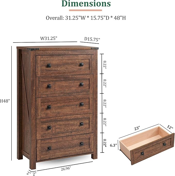 RedLemon Farmhouse 5 Drawer Dresser, 48" Tall Rustic Chest of Drawers, Wood Dresser for Bedroom, Living Room, Hallway, Reclaimed Barnwood Color