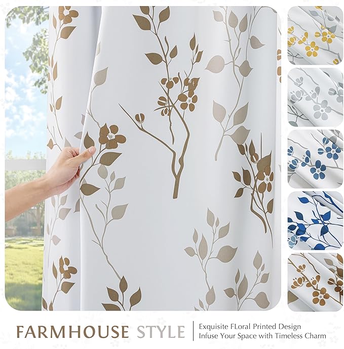 Beauoop Floral 100% Blackout Curtains 90 Inches Long 2 Panels for Bedroom Living Room Tan Brown and White Flower Patterned Room Darkening Thermal Soundproof Grommet Window Treatments Drapes, 52X90