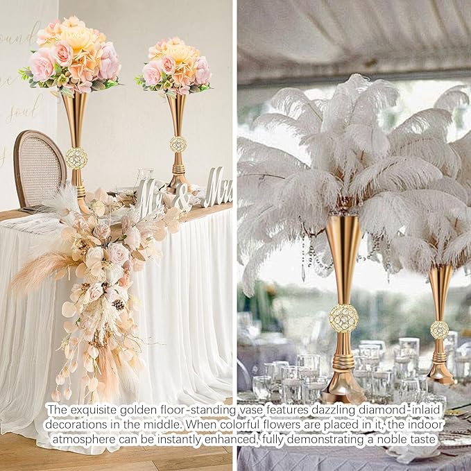 VIJIV 19" Gold Luxury Flower Vase for Wedding Centerpieces - Crystal-Embedded Tall Geometric Metal Vase for Feather, Rust-Resistant Table Decor for Gatsby Party/Reception/Hotel Floral Arrangements