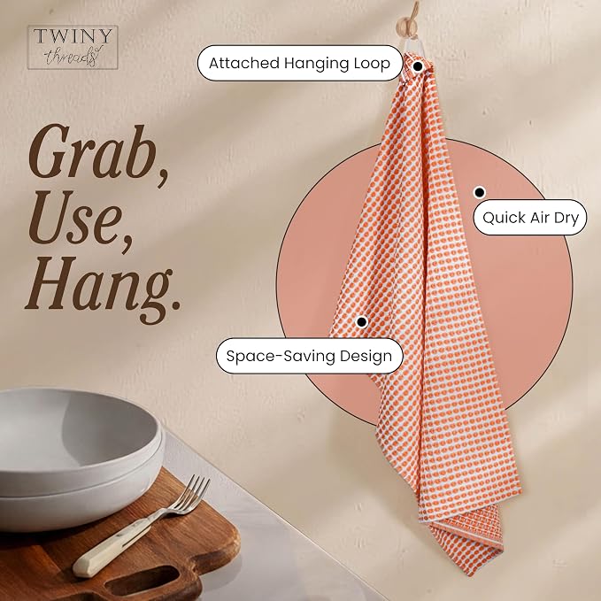TWINY threads Circle Waffle Kitchen Dish Towels 4 Pack, 16"x26", 100% Cotton, Super Absorbent, Heavy Duty, Quick Drying Dishcloth Set, Premium Wash Rags for Drying Dishes, Cooking, Bright Orange