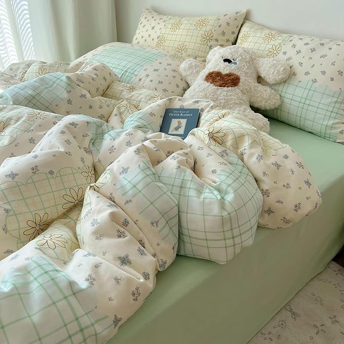 LifeTB 100% Cotton Muslin Duvet Cover Twin Aesthetic Floral Comforter Cover with Botanical Flower Cute Plaid Design Ultra Soft Cottagecore Bedding Set Breathable Gauze Duvet Cover with 2 Pillowcases
