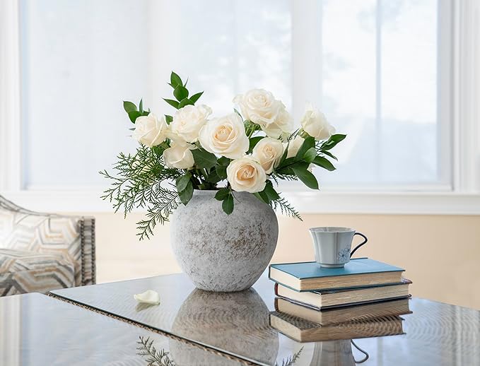CozyWel Rustic White Ceramic Vase Flower Vase with Hand-Glazed, Big Textured Round Vase for Centerpieces, Kitchen, Living Room, Bedroom Decor Gifts