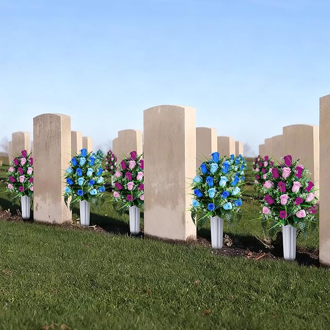 Artificial Cemetery Flowers - Set of 2 Grave Memorial Rose Flowers with Vase for Cemetery Headstones Gravesites Decoration (Purple & Pink)