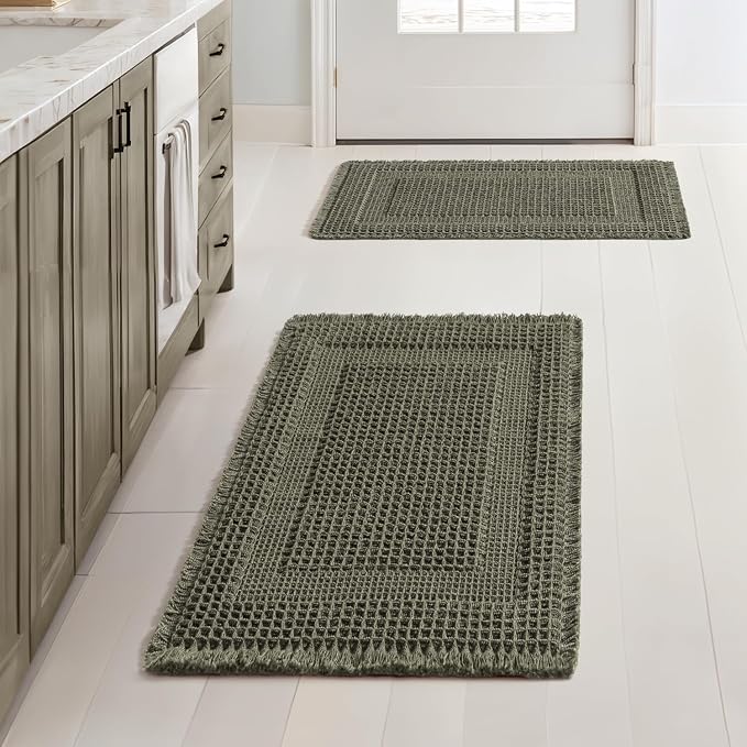MIULEE Set of 2 Waffle Bathroom Rugs, Boho Bath Rug Super Absorbent, Non Slip Washable Ultra Soft Rubber Backed Shower Bath Mats for Floor, Tub, Shower, Looped Design, Green, 17x24 Inch