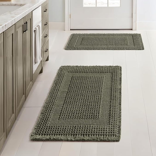 MIULEE Set of 2 Waffle Bathroom Rugs, Boho Bath Rug Super Absorbent, Non Slip Washable Ultra Soft Rubber Backed Shower Bath Mats for Floor, Tub, Shower, Looped Design, Green, 17x24 Inch