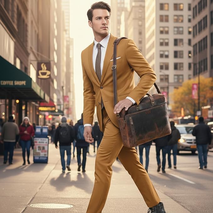 Handmade World Leather Briefcase For Men 'The Contemporary' Fits 17 Inch Laptop Computer Messenger Crossbody Shoulder Bag For Business Travel Office Work