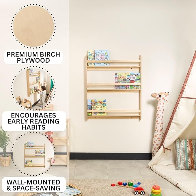 Montessori Wall-Mounted Bookshelf for Toddlers Toy Storage Shelf Organizer for Playroom and Classroom Floor Bookshelves for Kids Room (Natural, XL, 3)