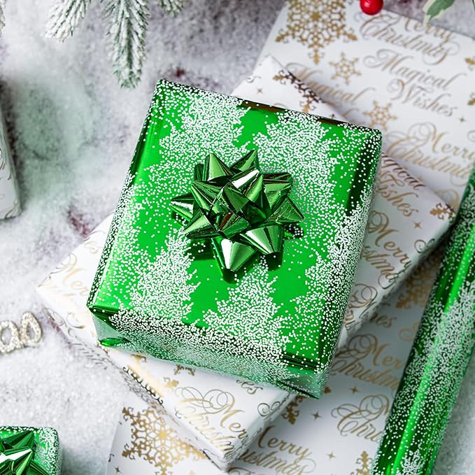 MAYPLUSS Christmas Wrapping Paper Roll, 17 Inch X 16.5 Feet Gift Wrapping Paper Featuring Green Christmas Tree Reversible Snowflake, Thick Wrap Paper for Holiday Party New Year Kids