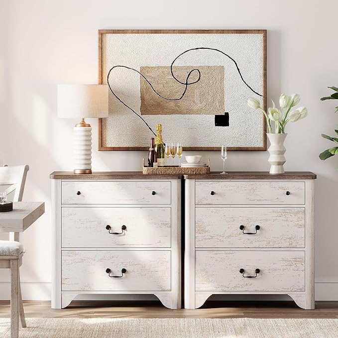WAMPAT 3 Drawer Dresser Set of 2, 63" Large White Dresser for Bedroom with Wide Chest of Drawers, Farmhouse Dresse Nightstand Cabinet for Bedroom, Living Room, Hallway, Office