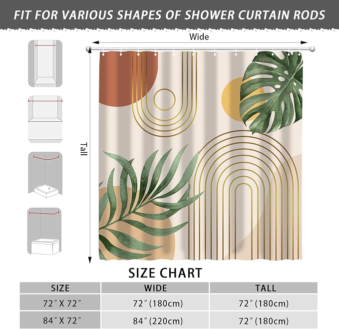 Mid Century Abstract Boho Aesthetic Shower Curtain Set, Green Nature Leaf Sun Modern Minimalist Home Bathroom Curtain Decor with 12 Hooks 72 Inch Wide * 84 Inch High