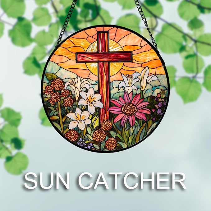 Christian Gifts for Women - Cross Stained Glass Window Hanging Easter Flower Sunset Landscape Sun Catcher Garden Religion Decor Mother's Day Catholic Gift for Men Grandma Mom Her Nana 7.8"