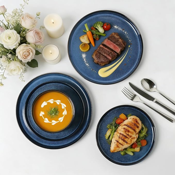 MONITO Ceramic Dinnerware Sets for 6, 18PCS Stoneware Plates and Bowls Sets, Reactive Glaze Dish Set, Chip and Scratch Resistant Double, Microwave and Dishwasher Safe, Dark Blue