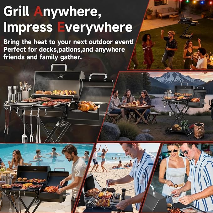 kscocinaBBQ Portable Charcoal Grill with Smoking Function, Foldable Suitcase Design with Wheels, Multi-Tier Storage Rack & Waterproof Cover for Outdoor BBQ Parties (Black)