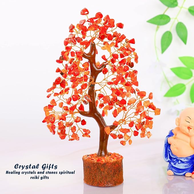 YATHABI Carnelian - Chakra Tree - Gemstones - Crystal Bonsai Tree - Feng Shui - Red Crystal Stone - Crystal Tree of Life Decor - Spiritual Gifts - Spiritual Desk Decor - Rock Tree - Chakra Stone