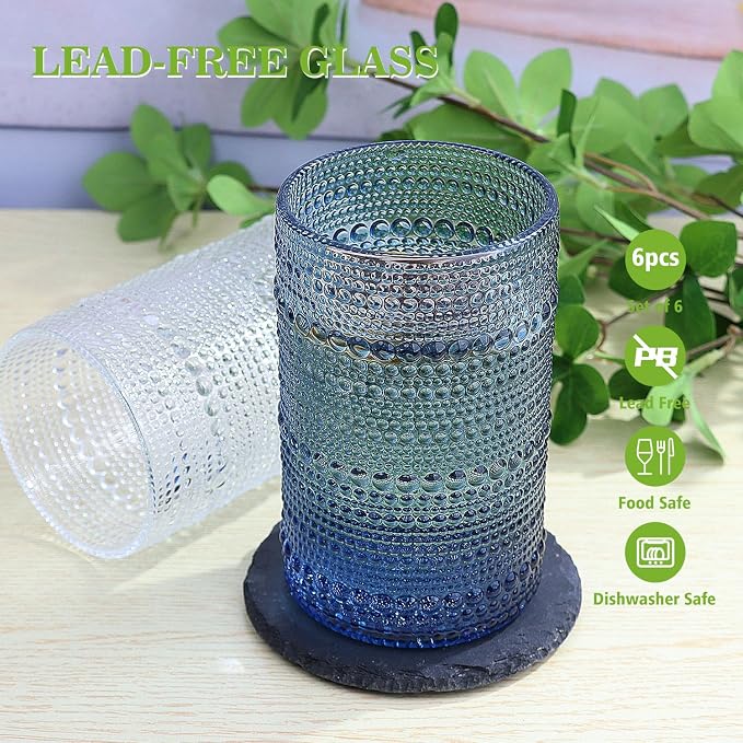 Hobnail-Drinking Glasses 13oz Vintage Glassware Sets Cocktail Juice Glasses Set of 6, Sapphire
