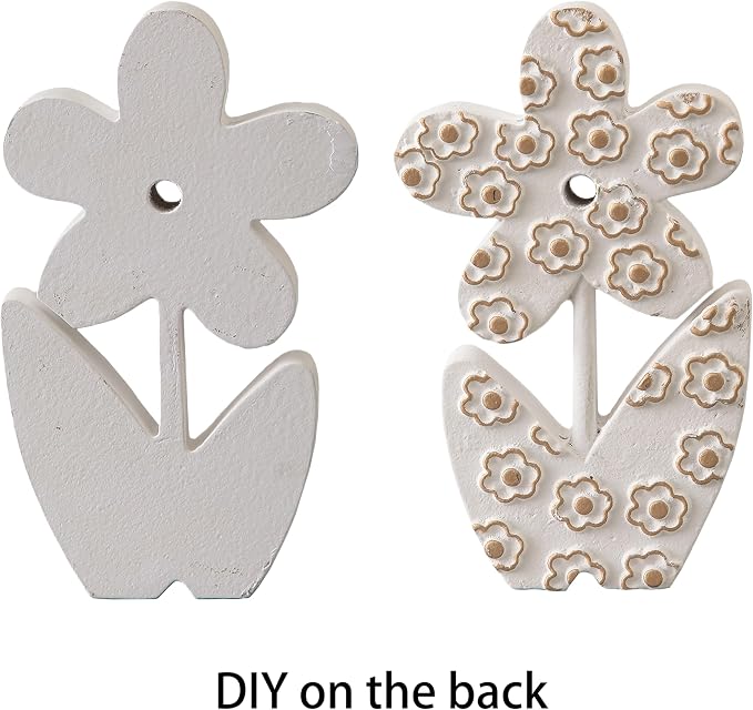 Vintage Small Cute Wooden Flowers Table Decorations for Dining Room 5 X 8 Inch, Handmade Distressed White Rustic Floral Coffee Table Figurine for Living Room, Farmhouse Home Decor for Shelf