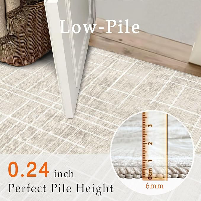 5x7 Area Rugs - Ultra-Thin Washable Rug with Non-Slip Backing, Ideal for Living Room, Bedroom, Kitchen Floor Carpet - Modern Neutral Style, Easy Clean, Durable, Low Pile Rug, Ivory Stripe