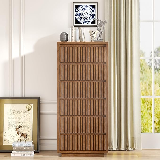 Fluted Tall 6 Drawer Dresser, Mid Century Dresser for Bedroom, 45 Inch Wood Chest of Drawers, Modern Closet Clothes Organizer, Walnut Wooden Storage for Living Room, Brown