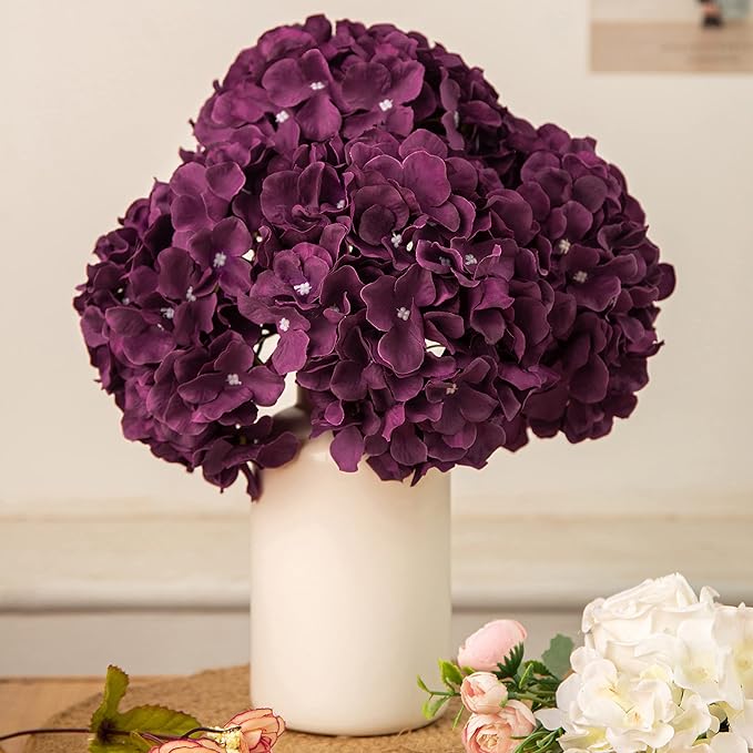 DuHouse Silk Hydrangea Artificial Flower Heads with Stems Fake Hydrangeas Flowers for DIY Wedding Centerpiece Home Decor,Pack of 6(Plum)