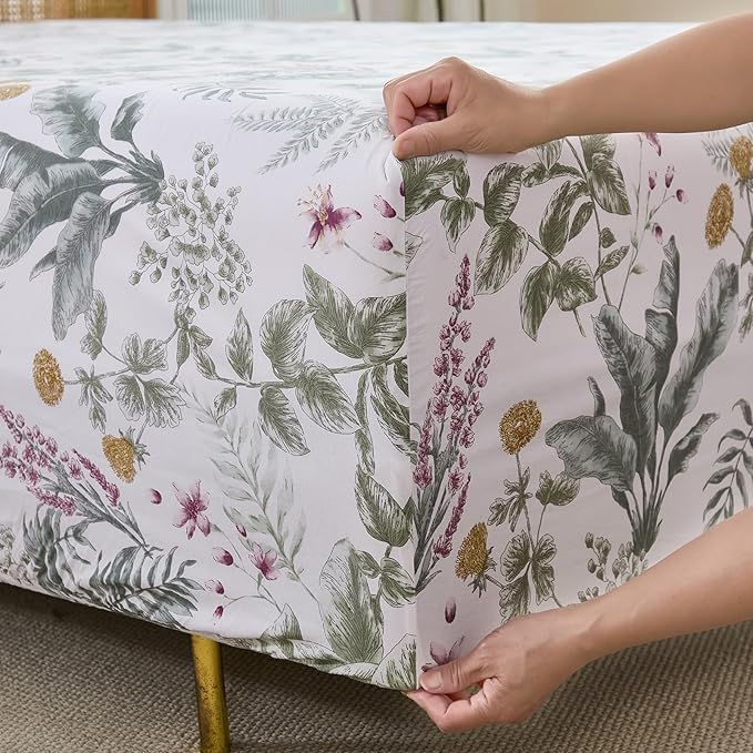 100% Cotton Sheet Set Queen Size – 4-Piece Vintage Sage Green Floral Bedding Set, Soft Breathable Percale Weave, Deep Pocket Fitted Sheet 17.5", Crisp Cool Feel, Refined Botanical Elegance