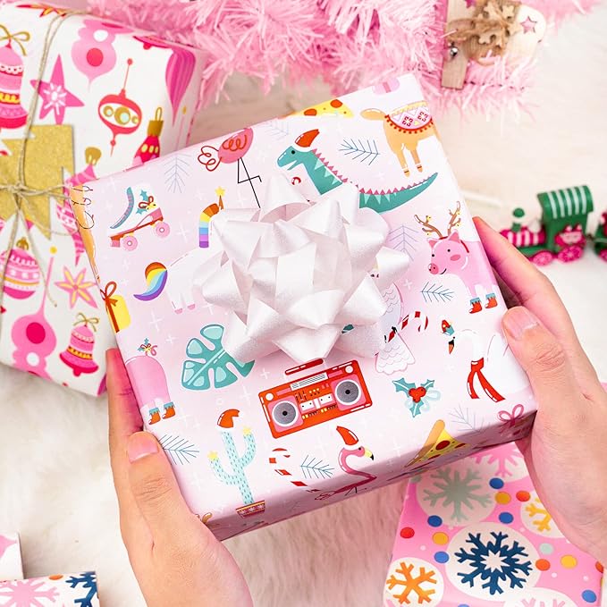 MAYPLUSS Pink Christmas Wrapping Paper - Mini Roll - 17in x 120 in Per roll - Pink White Snowfakes, Unicorn,Bell for Xmas Gift Wrap Retro Christmas Ornaments,for Holiday, New Year (46.8sq.ft)