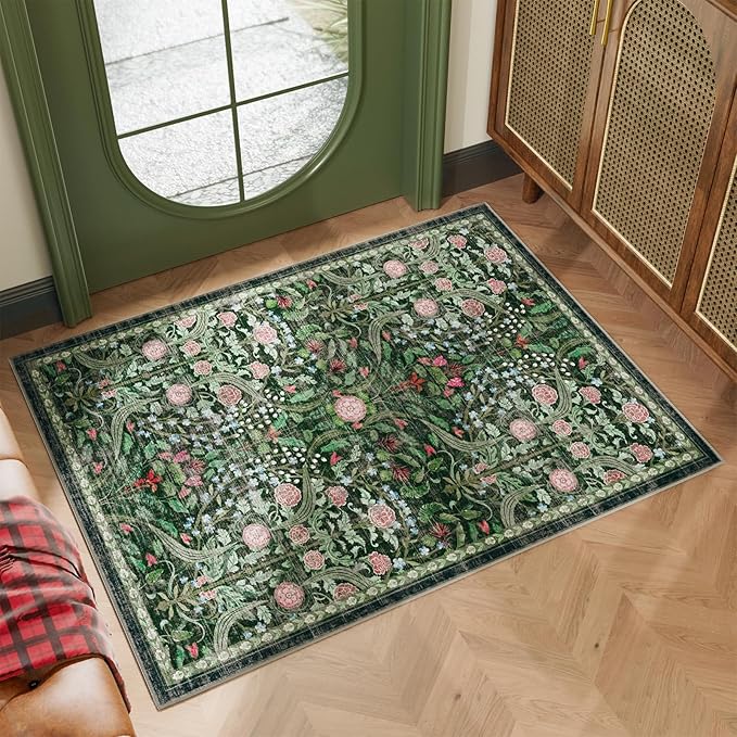 AMTOVO 2x3 Washable Entryway Area Rug Door Mat, Vintage Boho Floral Distressed Print Non-Slip Carpet, Small Throw Rug for Indoor Entrance Kitchen Bedroom Bathroom Laundry Floor, Dark Green