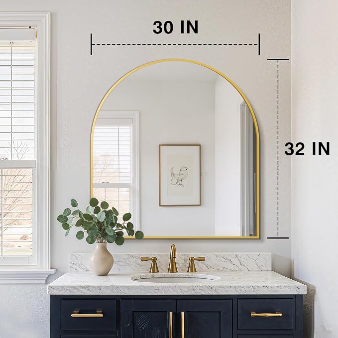 FICTOR Bathroom Mirror for Wall, Arched Vanity Bathroom Mirror for Over Sink, Metal Framed with HD Shatter-Proof Glass for Entryway, Living Room,Bedroom(30” x 32”, Gold)