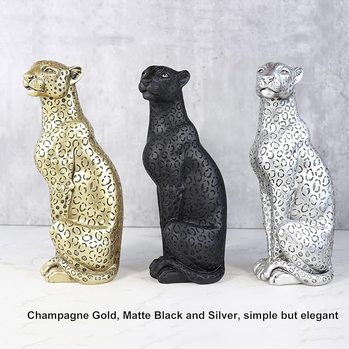 Cheetah Statue Black Panther Black Leopard Statue 11”H Resin Modern Animal Sculpture Figurine Desktop Table Top Decoration for Home Office Decor