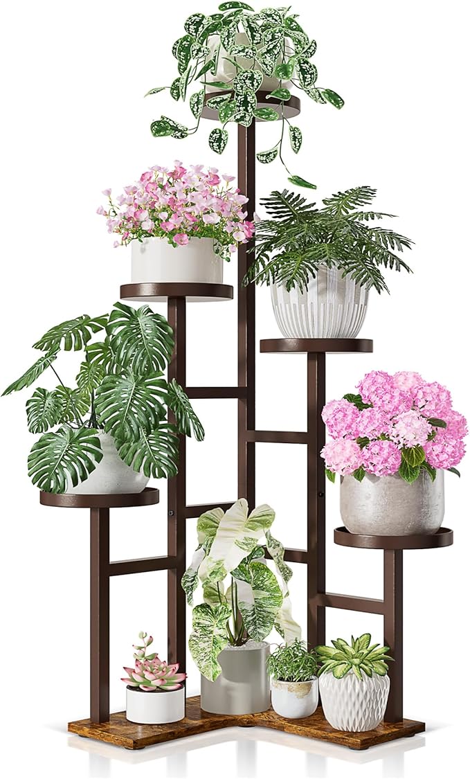 5 Tiered Corner Plant Stand with 7.1 Inch Wide Tray,Tall Plant Stand for Corner Indoor, Metal Plant Shelf Outdoor for Patio Office LivingRoom - BrownDisk