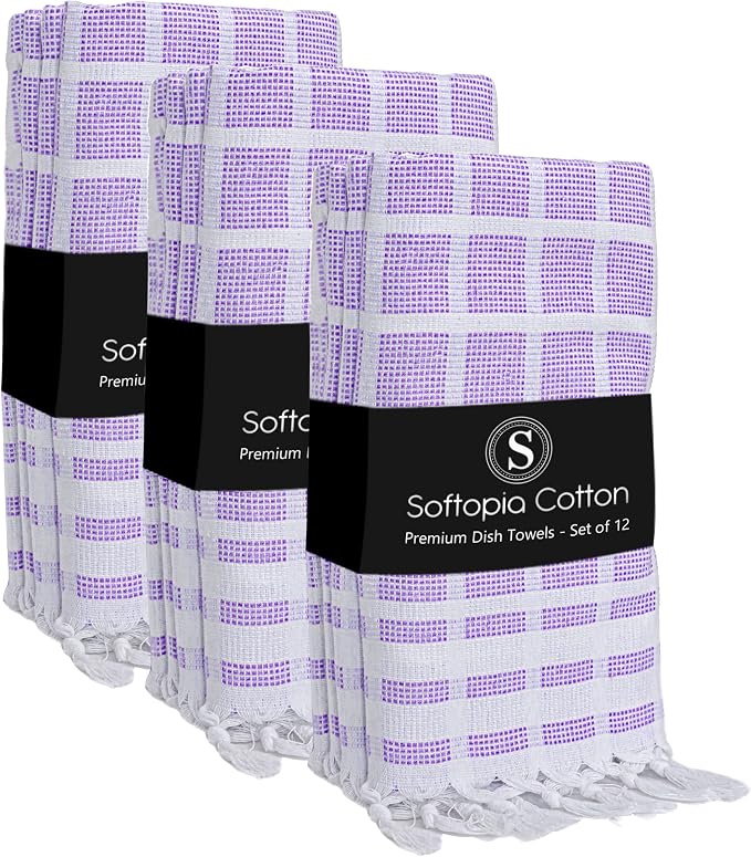 Matrix Dobby Kitchen Towels 12 Pack, 16x26 Inches, 100% Cotton, Absorbent Reusable Dish Cloths with Handmade Tassels, Washable Hand Towels for Drying - Lavender, White