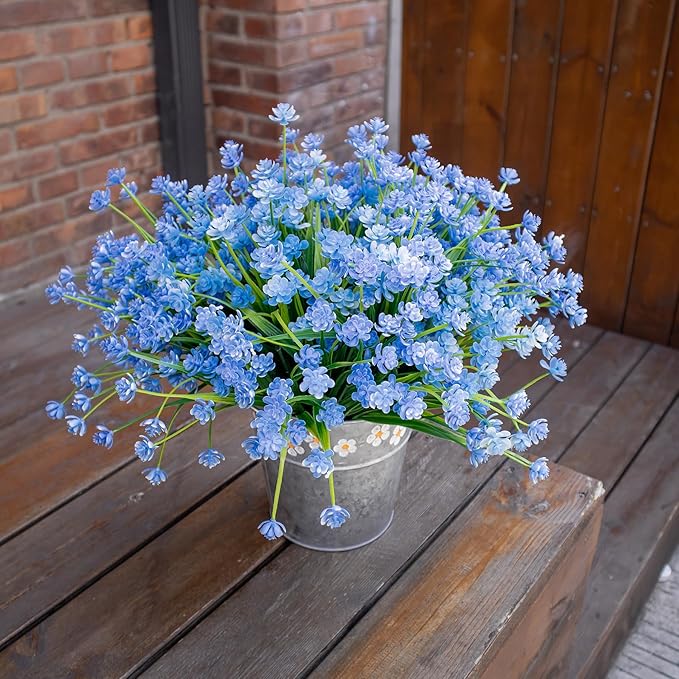 Artificial Flowers Outdoors, 12 Bundles No Fade Fake Flowers UV-Anti Easy to Clean Faux Greenery Plants Faux Plastic Plants Garden for Indoor Outdoor Home Garden Decoration, Blue