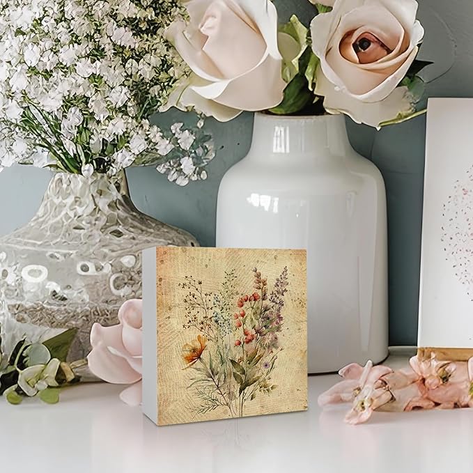 Vintage Fall Wildflower Wooden Box Sign, Floral Desk Decor, Retro Floral Decorative Signs for Office, Living Room, Bedroom, Botanical Flowers Home Shelf Decor - 5x5 Inch
