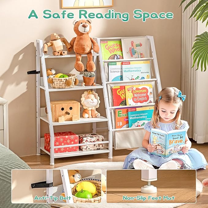 4 Tier Kids Bookshelf Toddler Bookshelf and Toy Storage Organizer, Bookcase Nursery Book Shelf for Bedroom, Playroom and Nursery, White
