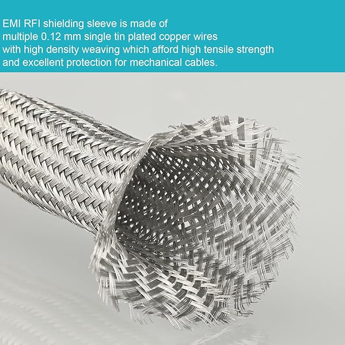Tinned Copper Braided Cable Shielding Sleeve Metal Wire Loom Sheathing EMI RFI ESD Protector Grounding Mesh Flat Tubular Expandable 3/8" W(0.24" ID)-16FT